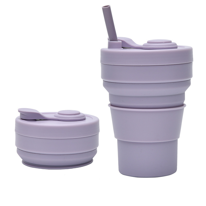 V888-ELOSUNG32220-202506051910-00 2 Pcs Purple 350ml Collapsible Silicone Travel Cup - Portable, Leak-Proof & Food-Grade Drinking Mug with Lid, Insulating Sleeve & Straw - Image 1
