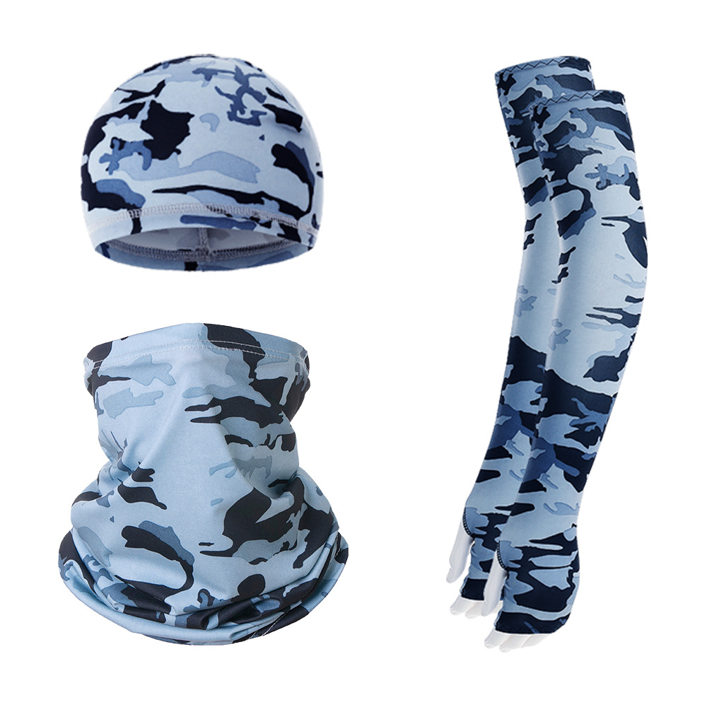 V888-ELOSUNG32271-202506091241-00 2 Sets Grey Camouflage Cooling UV Protection Set - 2 Skull Cap, 2 Neck Gaiter & 4 Arm Sleeves for Outdoor Sports - Image 1