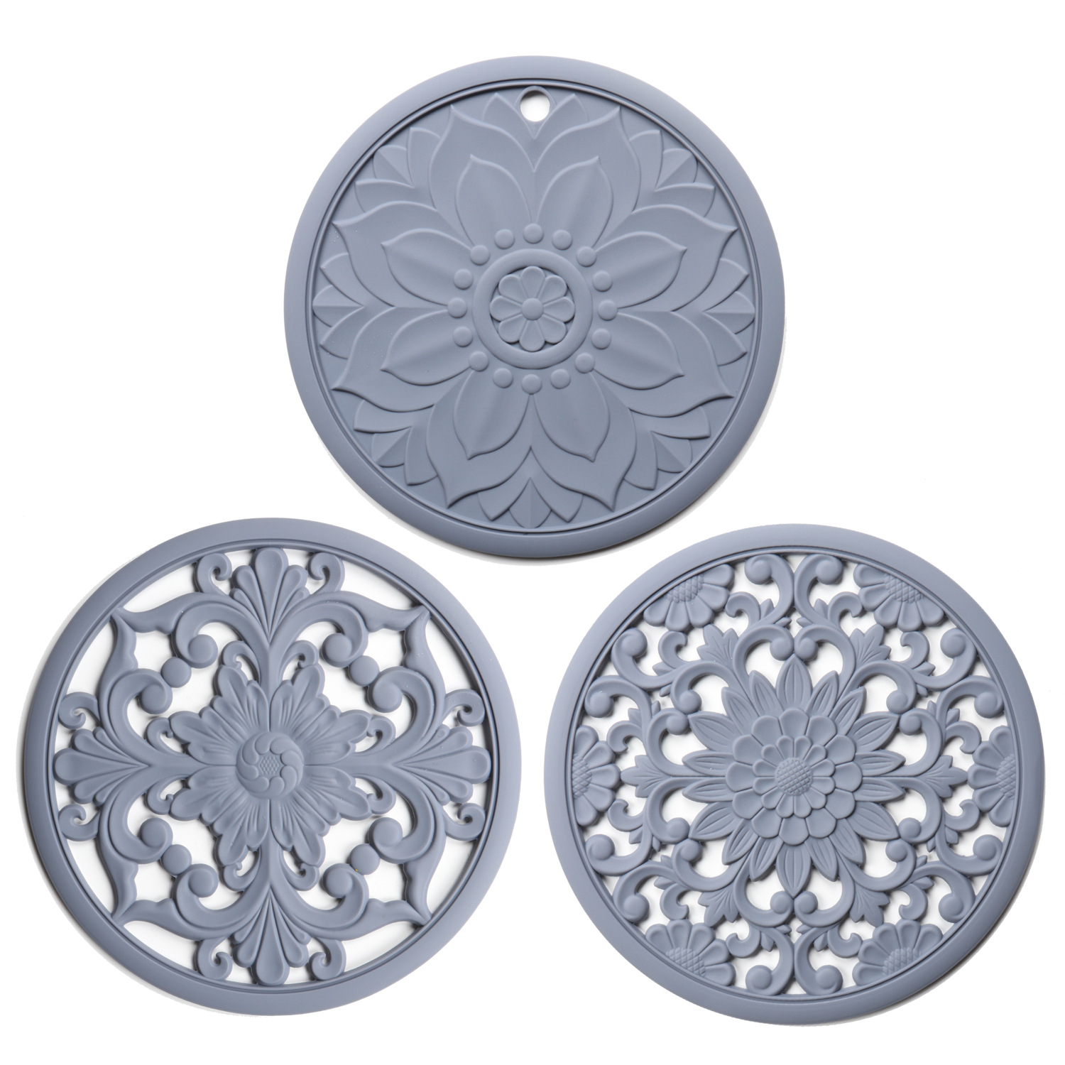 V888-ELOSUNG32343-202506111516-00 Elegant Floral Silicone Trivet Mat Set (3-Pack, Grey) - Heat Resistant, Non-Slip Kitchen Hot Pads & Pot Holders - Image 1