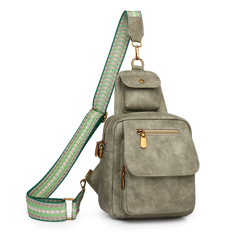 V888-ELOSUNG32576-202506241148-00 Green Stylish PU Leather Sling Crossbody Bag for Women - Multi-Pocket Chest Pack with Adjustable Wide Strap - Image 1