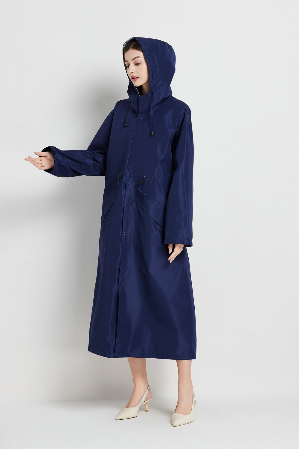 V888-ELOSUNG32634-202506241047-00 Size L Dark Blue Women's Chic Lightweight Waterproof Raincoat - Long Hooded Packable Rain Jacket with Pouch - Image 1