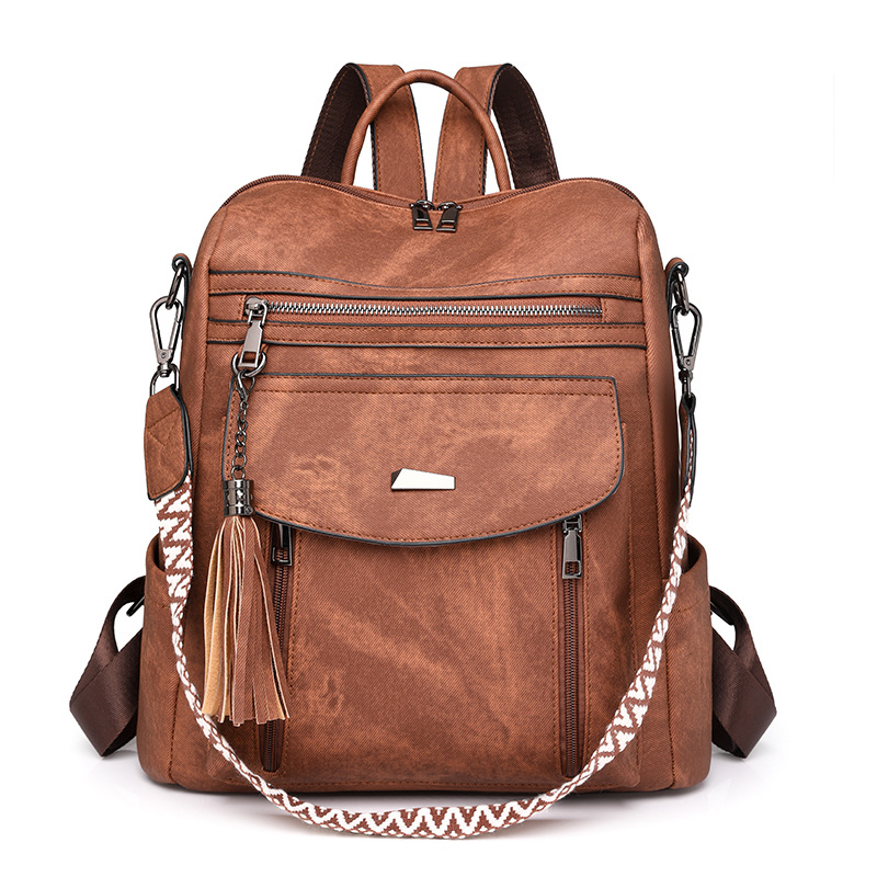V888-ELOSUNG32728-202506301020-00 Brown Chic Women's PU Leather Convertible Backpack - Anti-Theft Design, Multi-Pocket Shoulder Bag with Tassel - Image 1