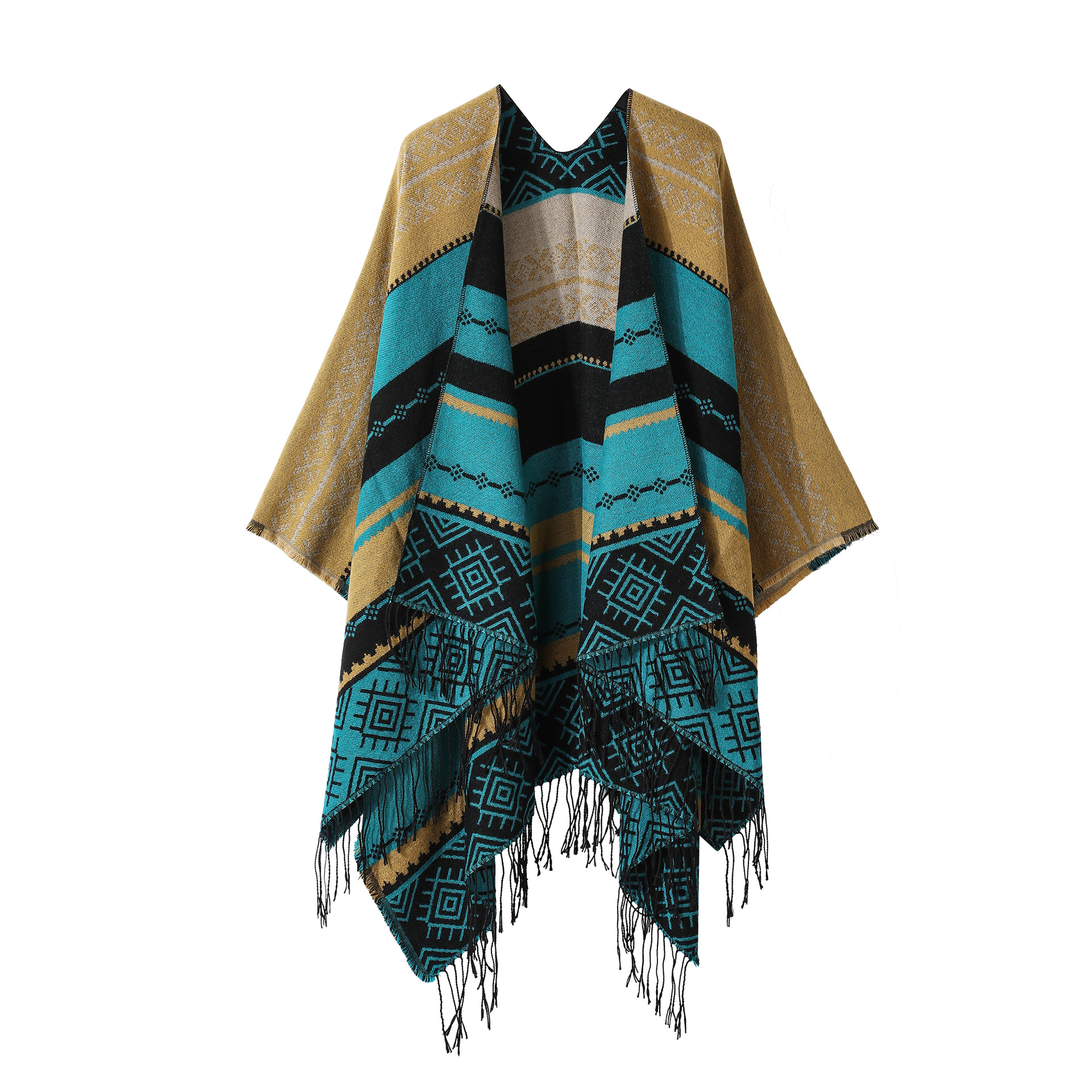 V888-ELOSUNG33013-202505261621-00 Blue Light-tan Palindrome Fringe Bohemian Fringe Shawl Cloak - 160 x 135 cm Ethnic Inner Mongolia Style Double-Sided Scarf Cape - Image 1