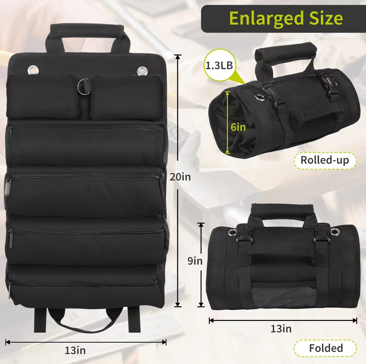 V888-ELOSUNG33064-202505261534-00 Black Heavy-Duty Tool Organizer Roll with Detachable Pouches - Image 1