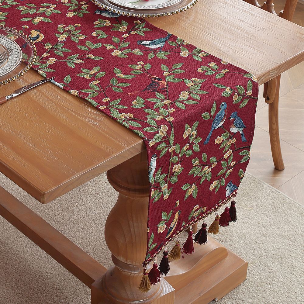 V888-ELOSUNG33239-202506111528-00 Red Magpie American Retro Jacquard Embroidered Table Runner - Light Luxury Table Mat 30cm x 180cm with Tassels - Image 1