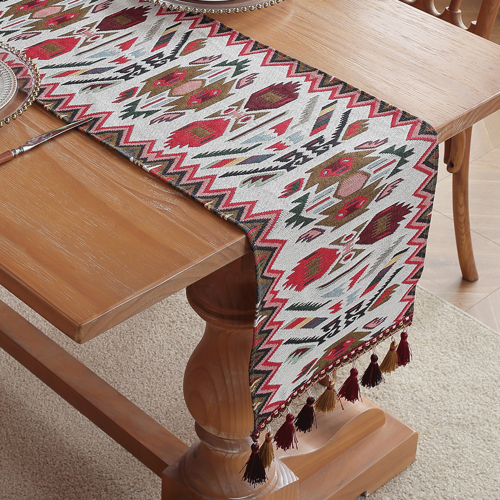 V888-ELOSUNG33283-202506190720-00 Posey's Geometry American Retro Jacquard Embroidered Table Runner - Light Luxury Table Mat 30cm x 180cm with Tassels - Image 1