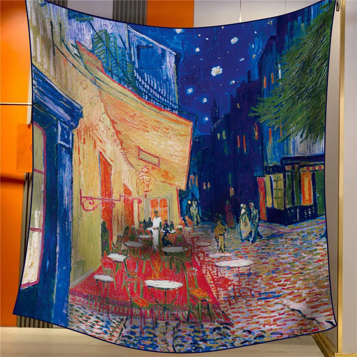 V888-ELOSUNG33394-202506191240-00 Coffee House Elegant Artistry Shawl - Large 130cm Square Scarf with Oil Painting Print & Hand-Rolled Hem - Image 1