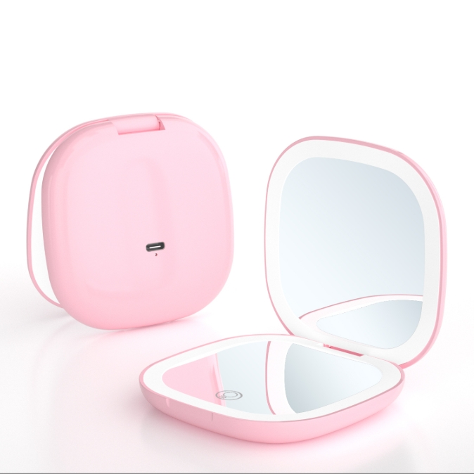 V888-ELOSUNG34196-202506191132-00 2-piece Pink Portable LED Makeup Mirror - Rechargeable Compact with 3-Color Lights & 5x Magnification - Image 1