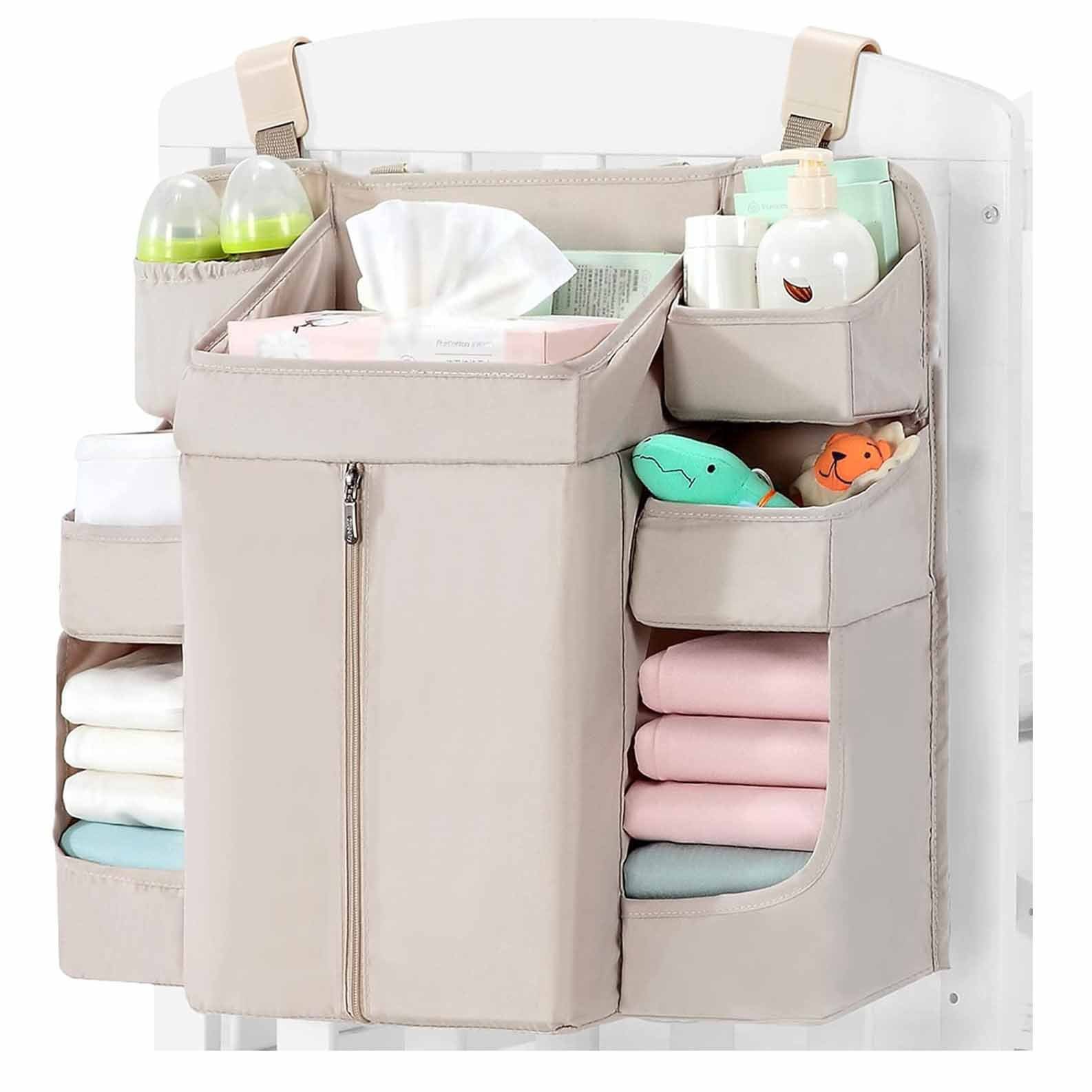 V888-ELOSUNG34276-202506250940-00 Beige Foldable Baby Crib Storage Hanging Bag - Large Capacity Organizer for Cribs and Changing Tables - Image 1