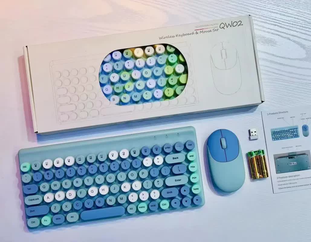 V888-ELOSUNG35105-202506241005-00 Wireless Keyboard & Mouse Combo - Retro Round Keycaps, 2.4GHz Ergonomic Design(blue) - Image 1