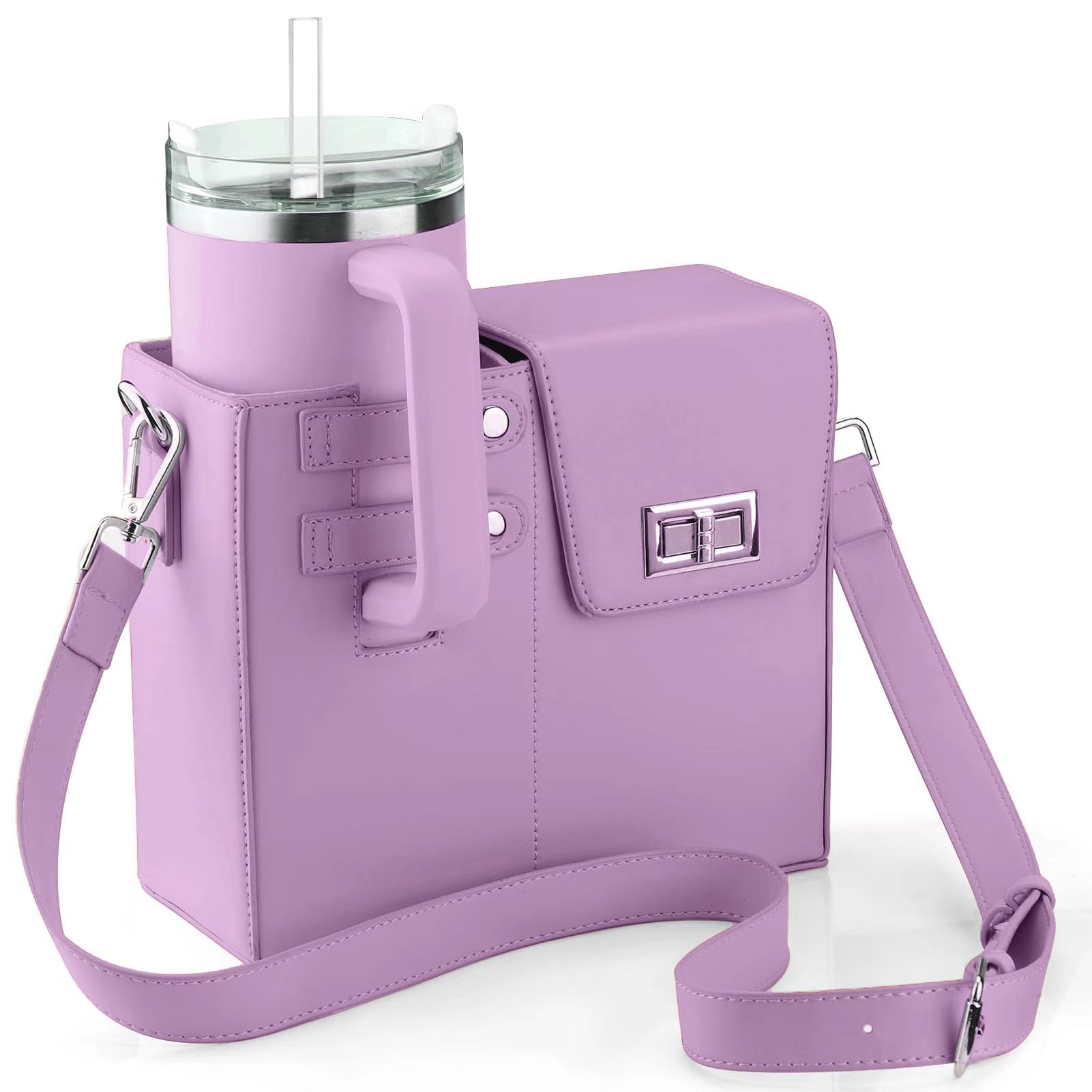 V888-ELOSUNG35190-202506241105-00 Chic PU Leather Crossbody Bag with Tumbler Holder - Multi-Compartment, Adjustable StrapChic PU Leather Crossbody Bag with Tumbler Holder - Multi-Compartment, Adjustable Strap,Does not include thermos cup(purple) - Image 1