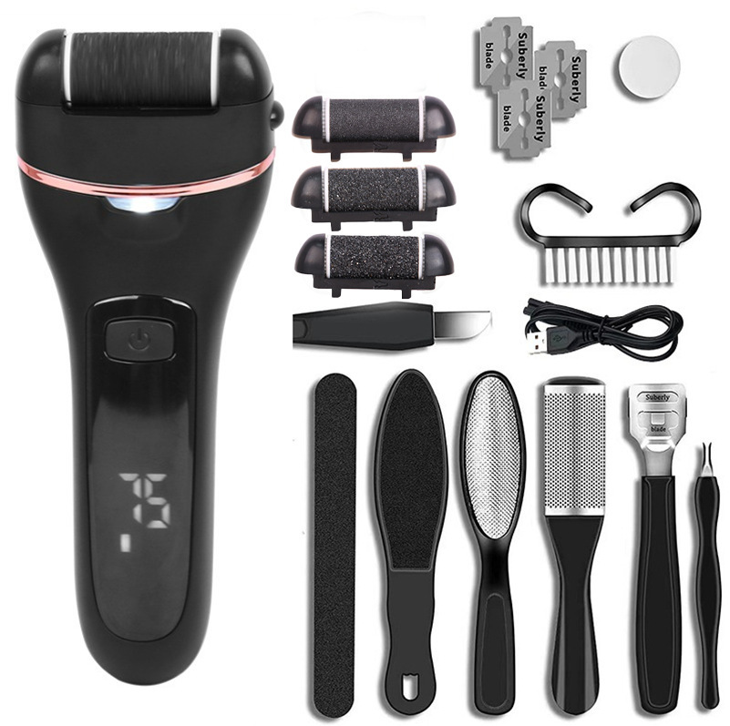 V888-ELOSUNG35322-202506250943-00 Rechargeable Electric Foot File with LCD Display - 3 Grit Heads & Waterproof Design(black) - Image 1