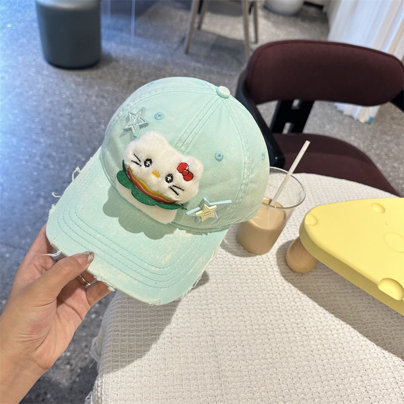 V888-ELOSUNG35375-202506301010-00 Adorable Cartoon Cat & Stars Baseball Cap - 100% Cotton, Adjustable Fit, Sun Protection(green) - Image 1