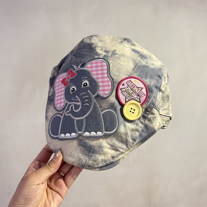 V888-ELOSUNG35432-202506301036-00 Cute Elephant Applique Beret Hat - Soft Fabric, Adjustable Fit, Retro Newsboy Cap(blue) - Image 1