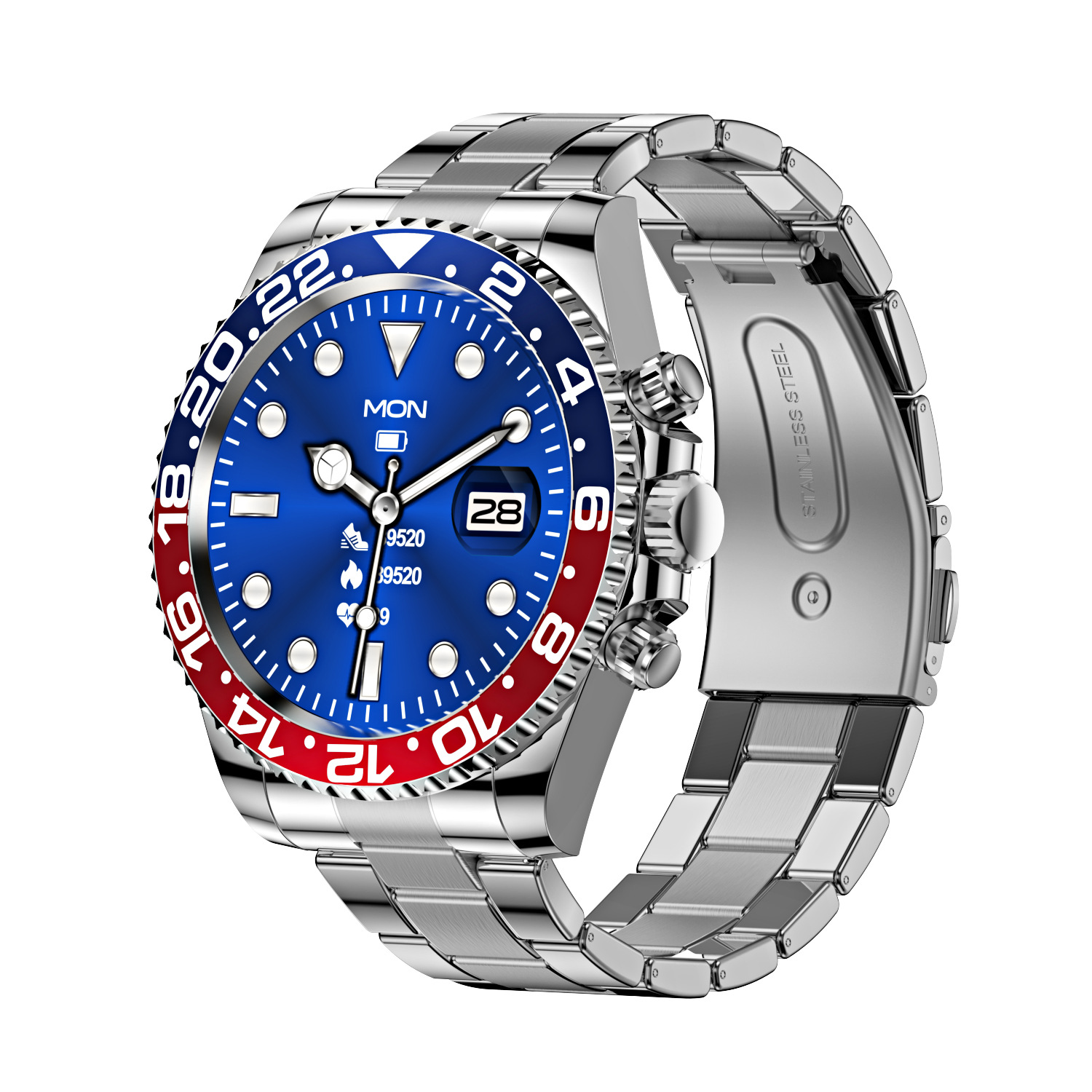 V888-ELOSUNG35447-202506301045-00 Classic Stainless Steel Smartwatch with Rotating Timer Bezel, Bluetooth Calling & Luminous Display(blue and red) - Image 1