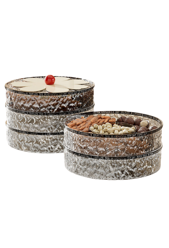 V888-ELOSUNG600-202013-00 Flower shaped grid with lid dried fruit box, two-layer transparent grey - Image 1