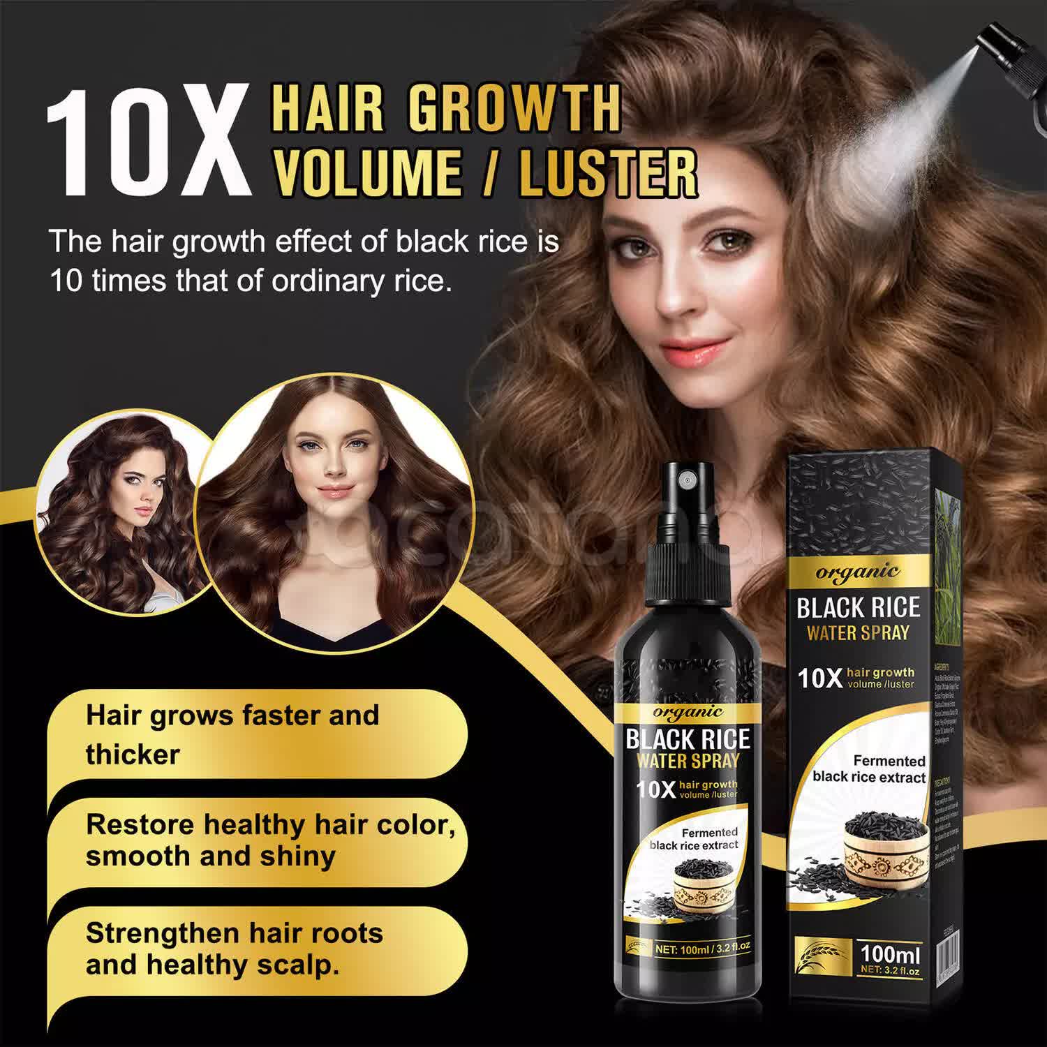 V932-BKRICEWATER-202503261225-00 Sefudun Organic Black Rice Water Serum Natural Hair Growth Spray Essence Care Anti Hair Loss Treatment Prevention Regrowth, 100ml - Image 1