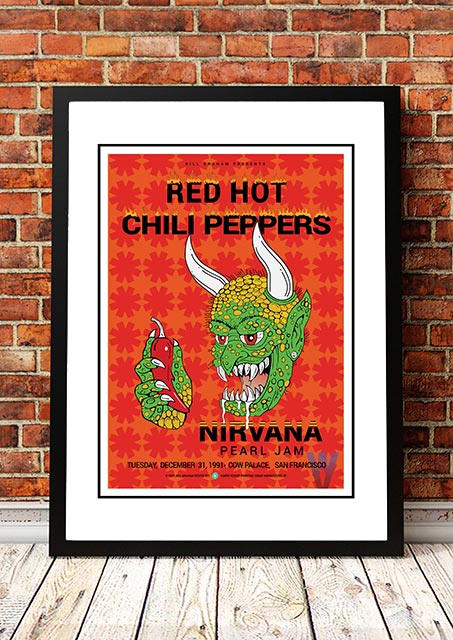 V967-SS0465-A4-202504150931-00 Red Hot Chili Peppers / Nirvana / Pearl Jam ‘Cow Palace’ USA Concert Poster 1991 - Framed A4 - Image 1