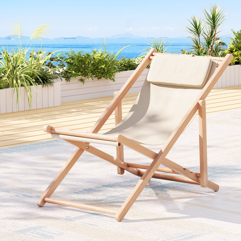 WOOD-B-BC-6021T-BG-12230-07 Gardeon Outdoor Deck Chair Wooden Sun Lounge Folding Beach Patio Furniture Beige - Image 1
