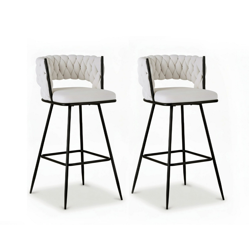 BA-K-1087-BGX2-202509251540-00 Artiss 2x Bar Stools Kitchen Dining Chair Counter Stool Woven Velvet Metal Ivory - Image 1