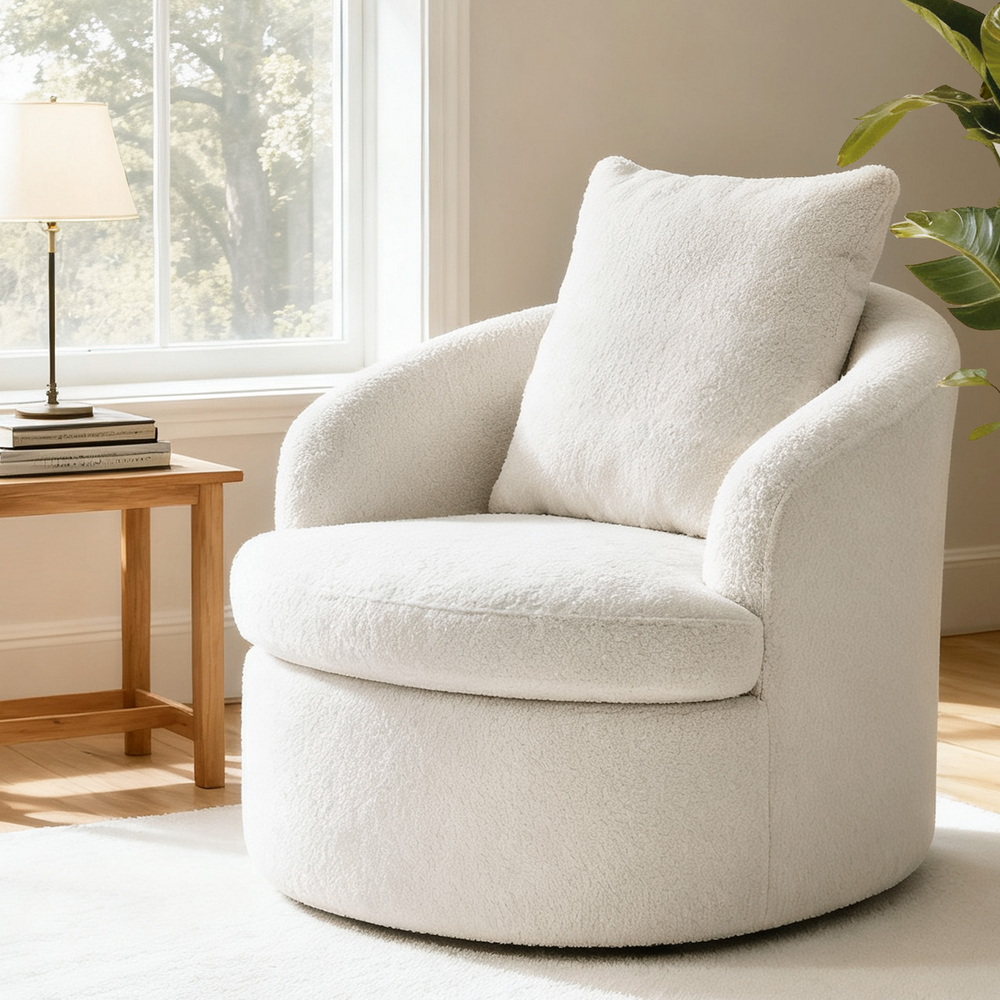 UPHO-B-ARM11-SWL-WH-202509291426-00 Artiss Round Swivel Armchair Extra Pillow White - Image 1