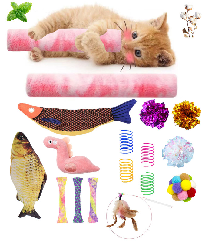 V1079-CATTOYPACK20250820001-202508201336-00 Cat Toys,Interactive Kitten Toy for Indoor Kitty Exercise 14 Piece with Fish Catnip Spiral Spring, Tube, Crinkle Balls Helps Reduce Stress & Provide Anxiety Relief for Cats - Image 1