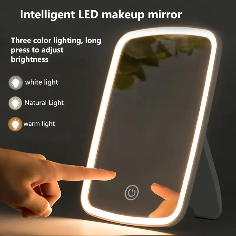 V1105-YAHZJ-001-202509121830-00 Portable LED light strip makeup mirror, very suitable for home, travel and office use. High-definition mirror surface, metal frame, intelligent touch button, three-color light switching, adjustable brightness, USB power supply - Image 1