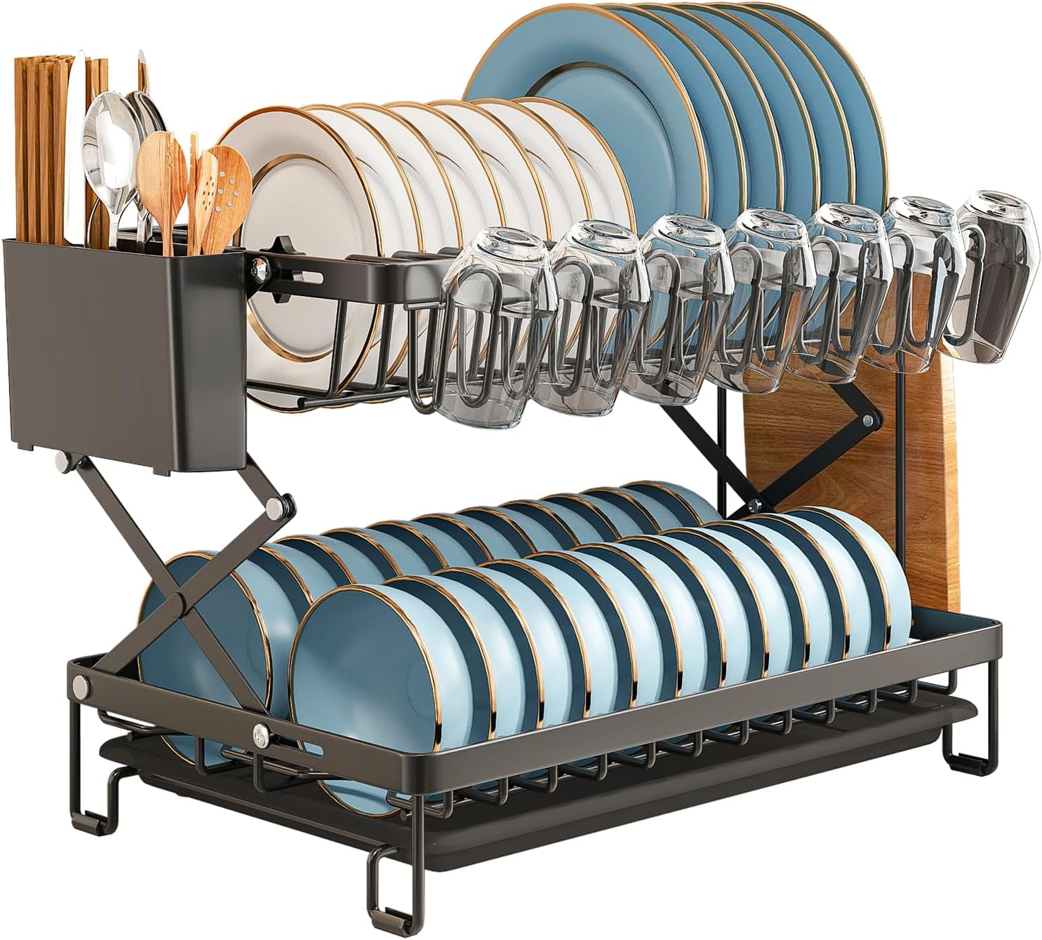 V178-36167-202507301354-00 CARLA HOME 2-Tier Dish Drying Rack with Drainage Tray, Utensil Holder, Cup Hooks & Cutting Board Rack for Kitchen (Black) - Image 1