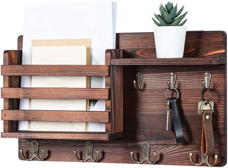 V178-36190-202507301346-00 CARLA HOME Rustic Wood Wall Mounted Key and Mail Holder Organizer with Shelf, Letter Slot & 6 Hooks for Entryway Decor Home - Image 1