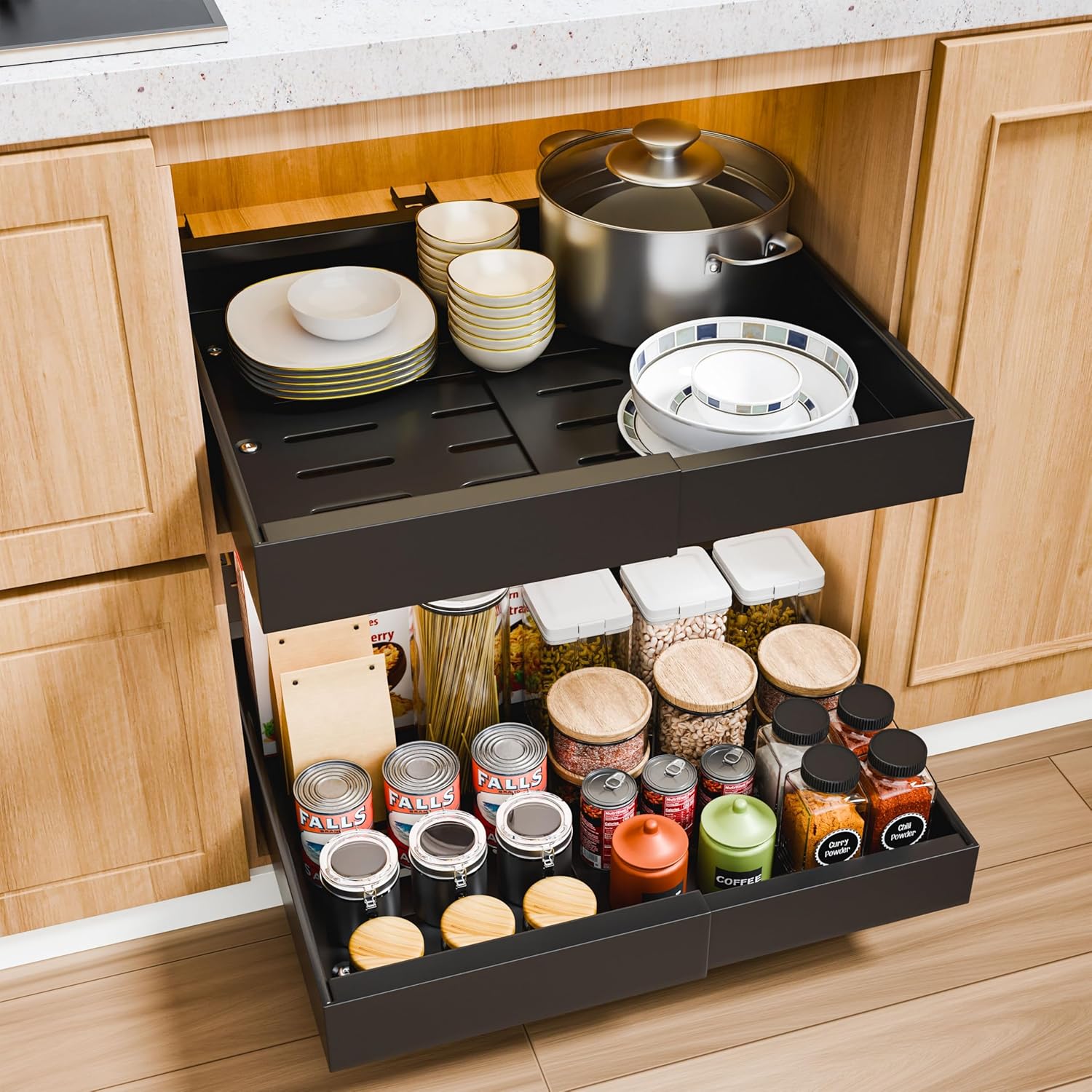 V178-36208-202507301345-00 CARLA HOME 2 Pack Pull Out Cabinet Organizer Expandable for Cabinets with Adjustable Slide Out Shelves and Easy Installation (Black) - Image 1