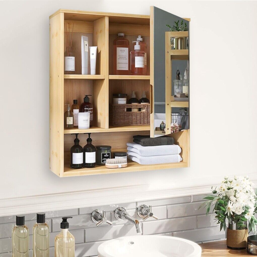 V178-66789-202508051025-00 Bamboo Wall Medicine Cabinet Mirror 55.5cm 5 Shelf - Image 1
