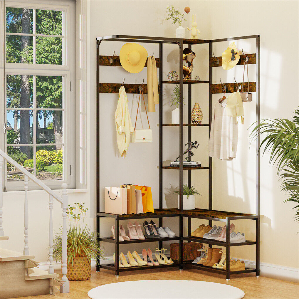 V178-67000-202508050952-00 Corner Coat Stand with Shoe Bench Metal & MDF Organizer - Image 1