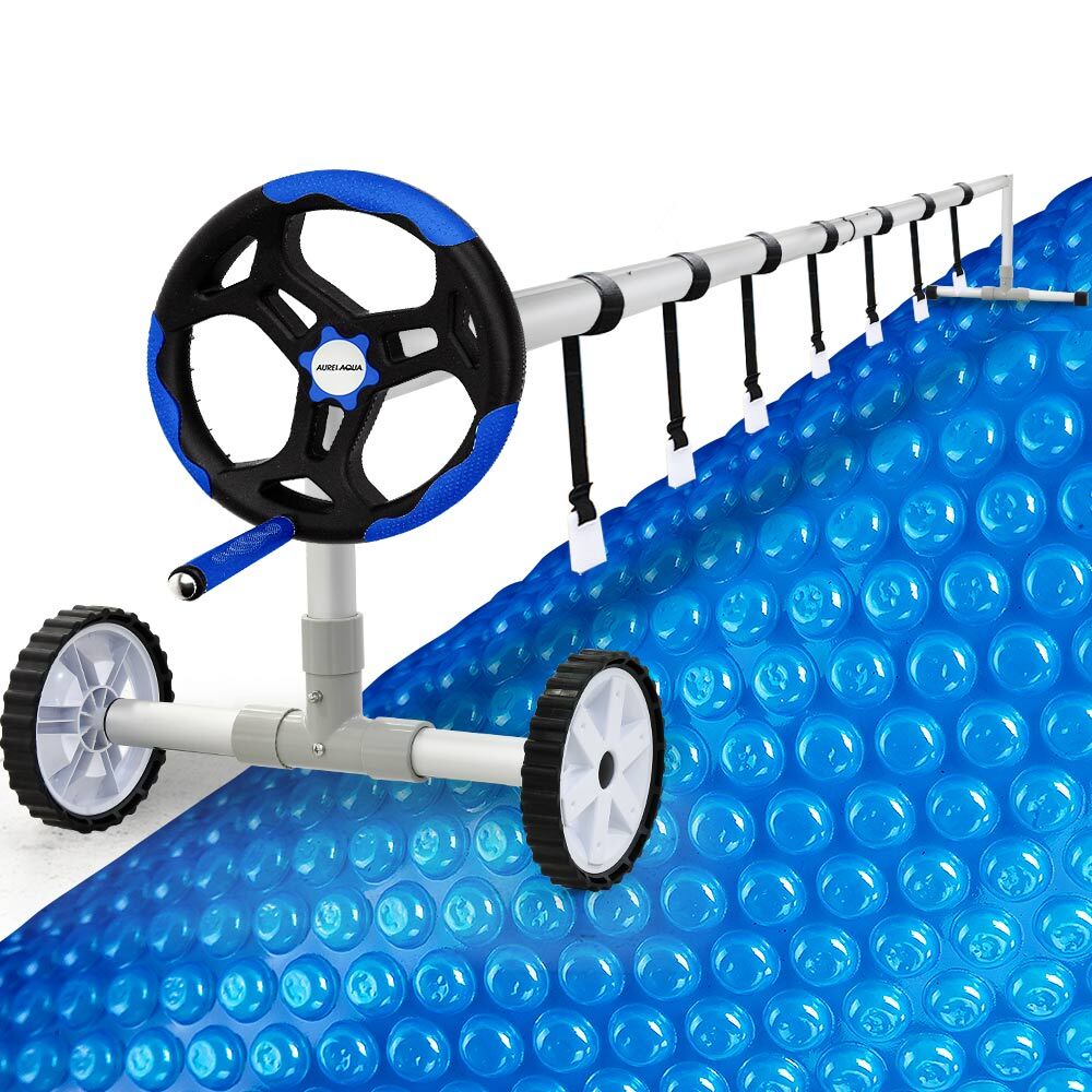 V219-SWPCOMAURA5B73B-202507111015-00 Aurelaqua Pool Cover Roller and 7.5x3.2m Solar Blanket 400 Micron, Blue - Image 1