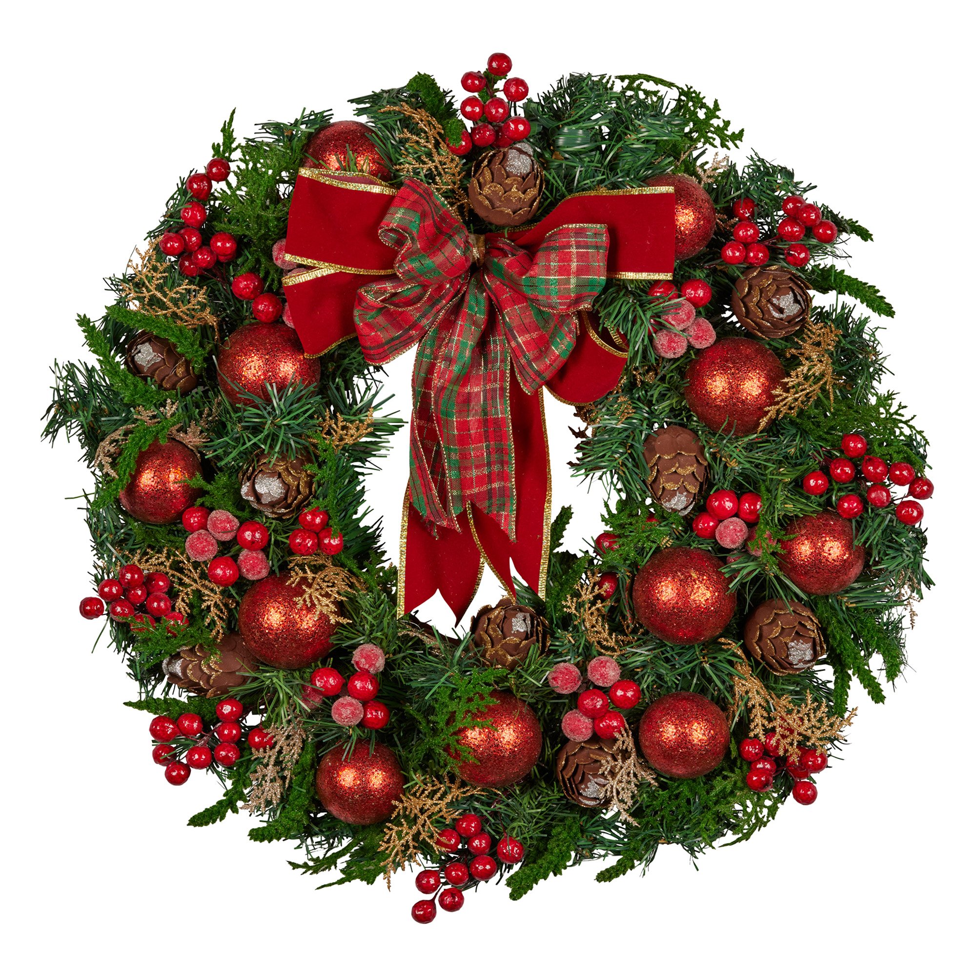 V240-112_GUE509-202509090835-00 Christabelle 71cm Christmas Wreath Lush Green Holiday Door Wreath with Red Berries, Baubles & Pine Cones Pre-Decorated Festive Wall or Front Door Decoration - Image 1