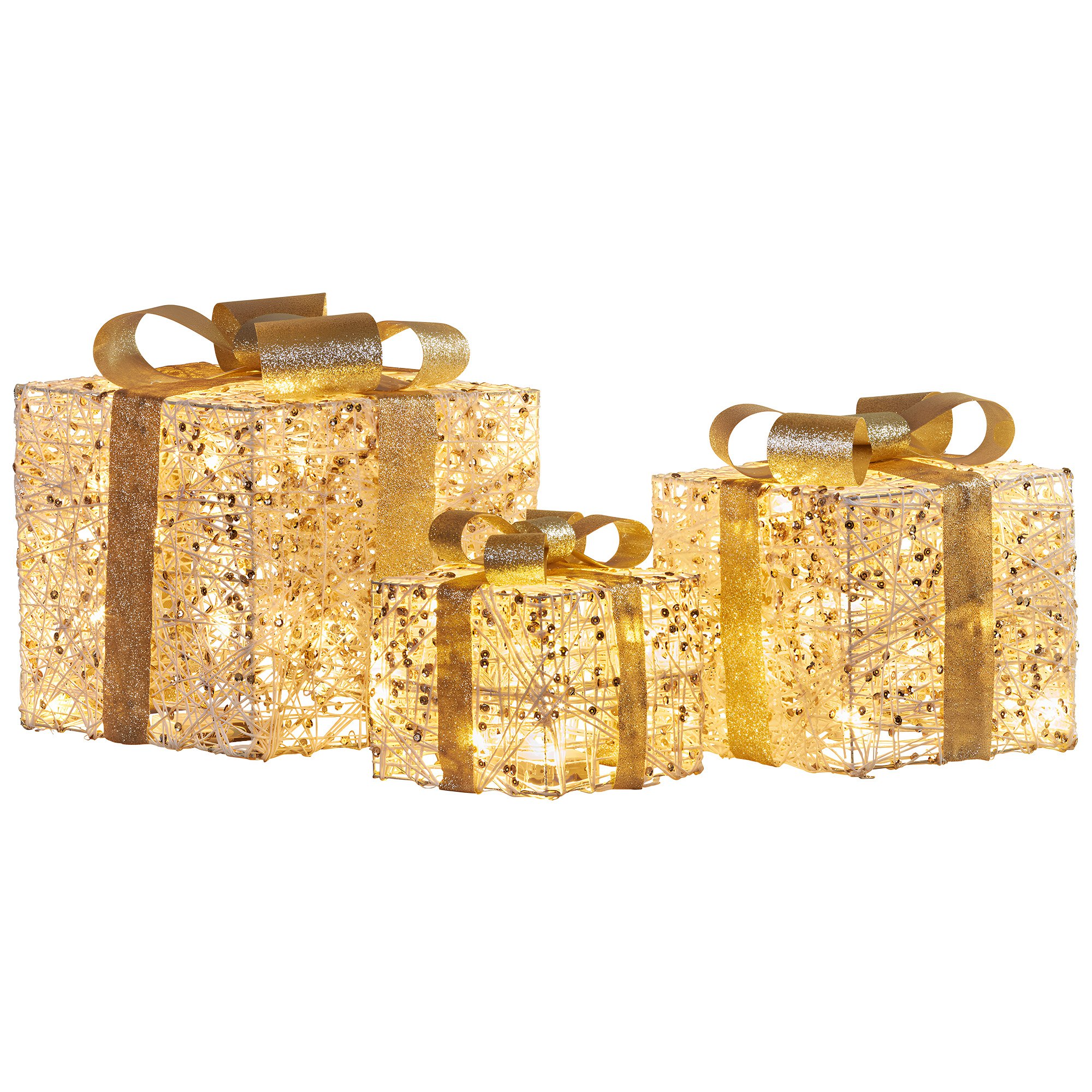 V240-112_MHA604-202509170825-00 Christabelle Set of 3 Battery Operated Golden Christmas Gift Boxes w/Warm White LED Lights Indoor Decorative Holiday - Image 1