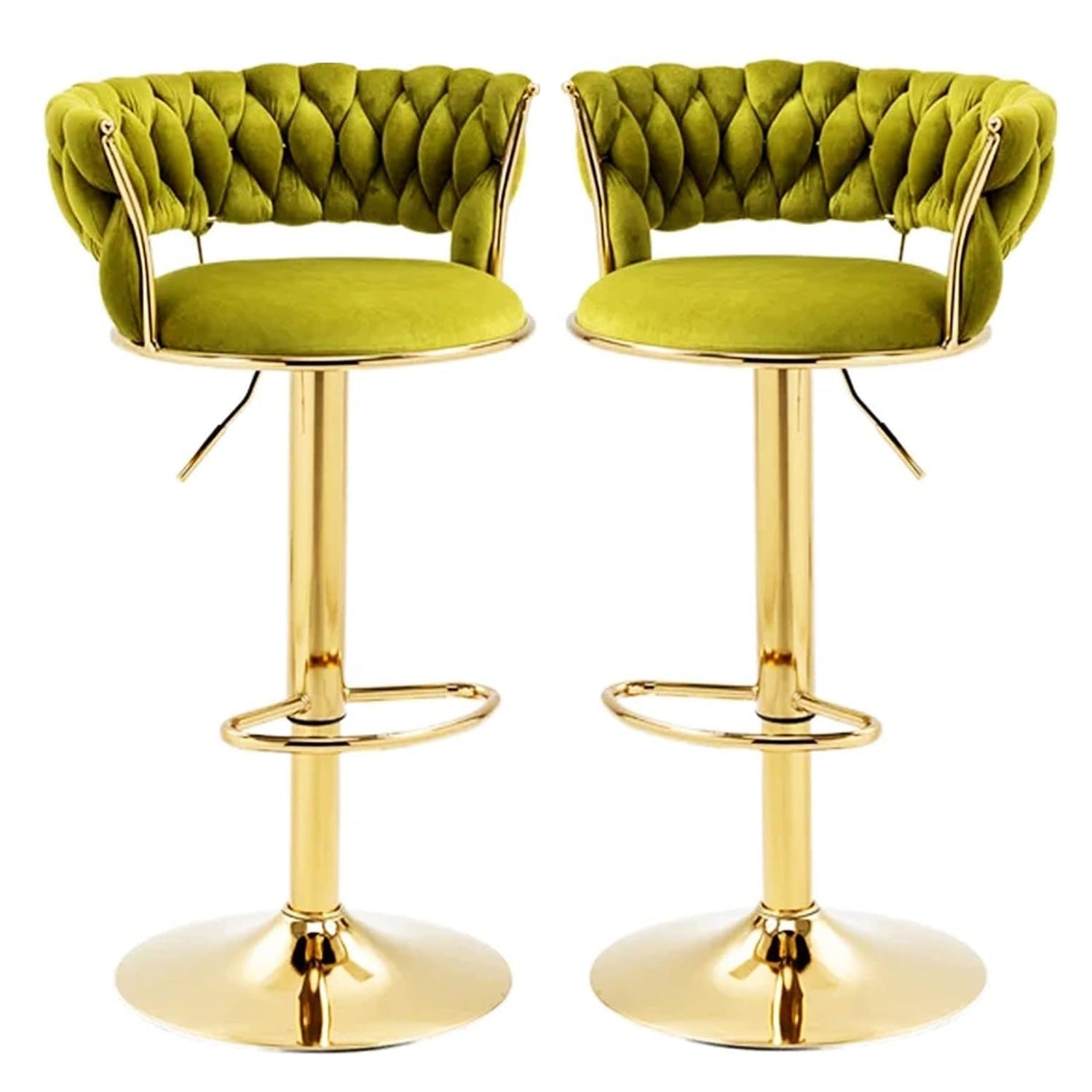 V255-GP1762_OLIVEGREEN-202507031820-00 SERENITà 2x Height Adjustable Swivel Bar Stool Velvet Golden Base Barstools Chairs Padded Seat Olive Green - Image 1