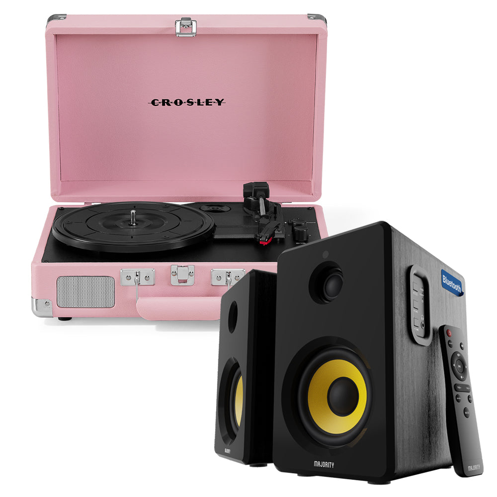 V398-CR8005EMY-BH4-202507081121-00 Crosley Cruiser Bluetooth Portable Turntable - Blush Pink + Bundled Majority D40X Bluetooth Speakers - Image 1