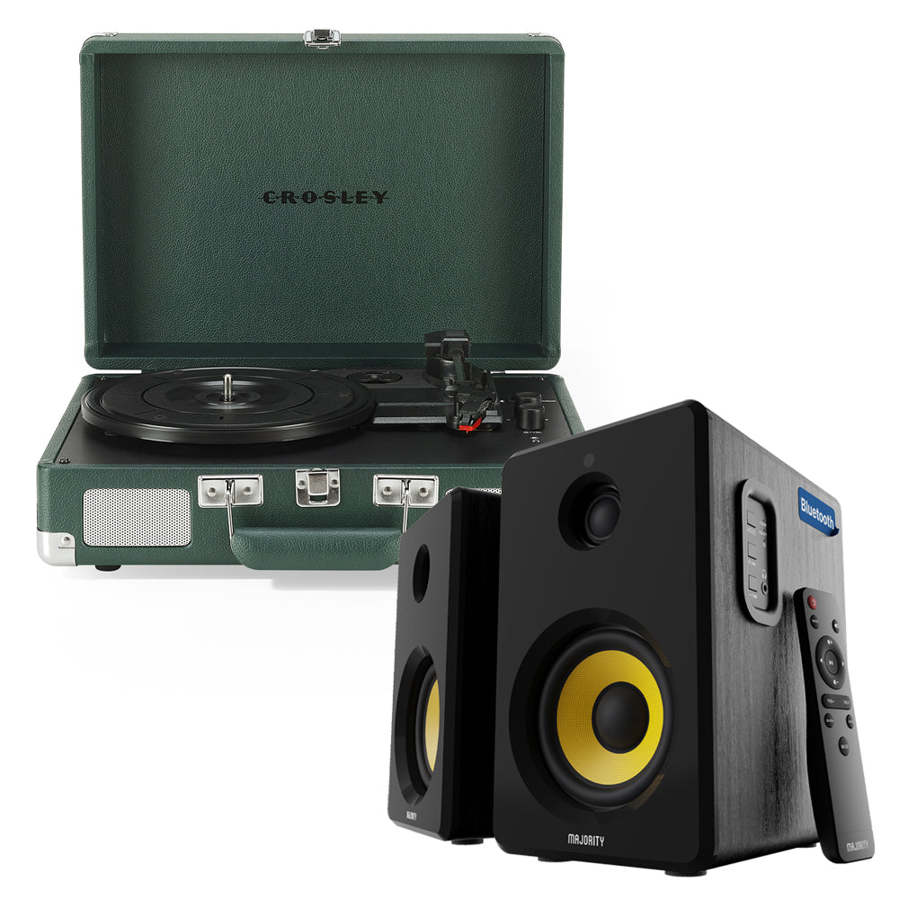 V398-CR8005FMY-EM4-202507081121-00 Crosley Cruiser Bluetooth Portable Turntable - Emerald Green + Bundled Majority D40X Bluetooth Speakers - Image 1