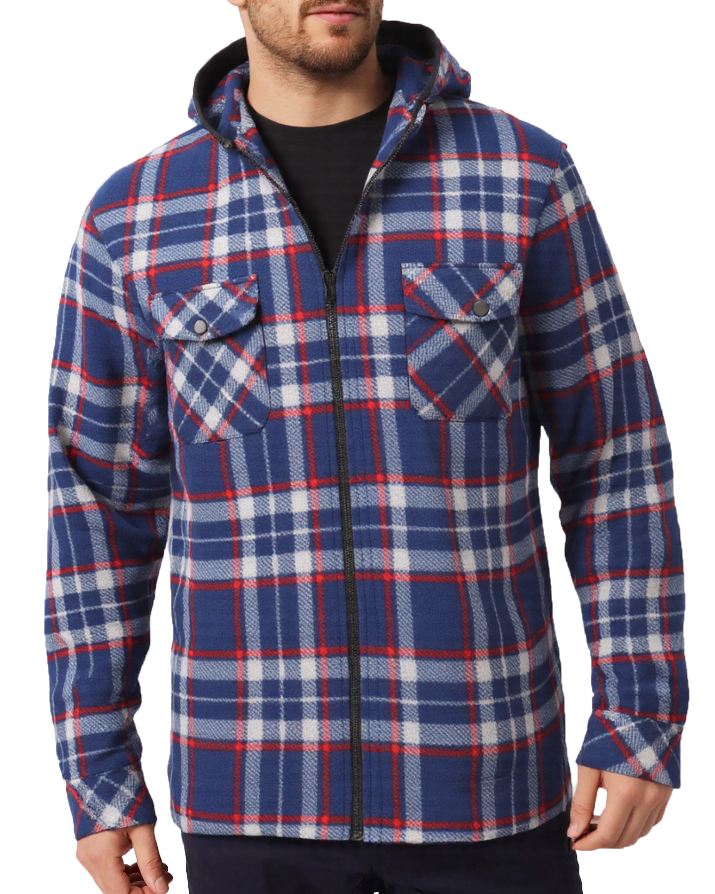 V474-738336-202507050140-00 Men's Hooded Flannel Jacket Flannelette Plaid Fleece Shirt Zip Up Winter Coat, Blue, 2XL - Image 1
