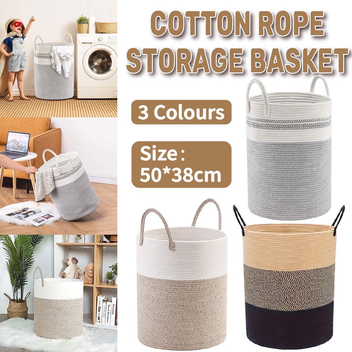 V528-BASKET-WHITE-BROWN-401337-202510010545-00 Woven Cotton Rope Storage Basket Foldable Laundry Bin Bamboo Clothes Organizer - White Brown - Image 1