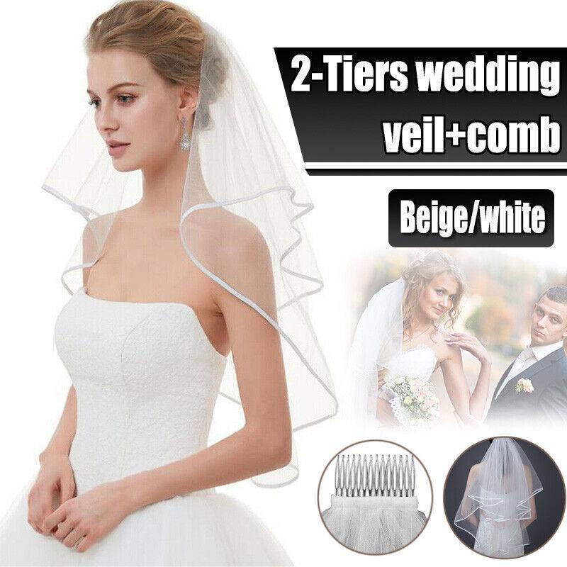 V528-BRIDALWEDDING-IVORY-827299-202509301836-00 Bridal 2 Layer Wedding Veil with Comb Satin Edge Short Tulle for Women White Ivory - Beige - Image 1
