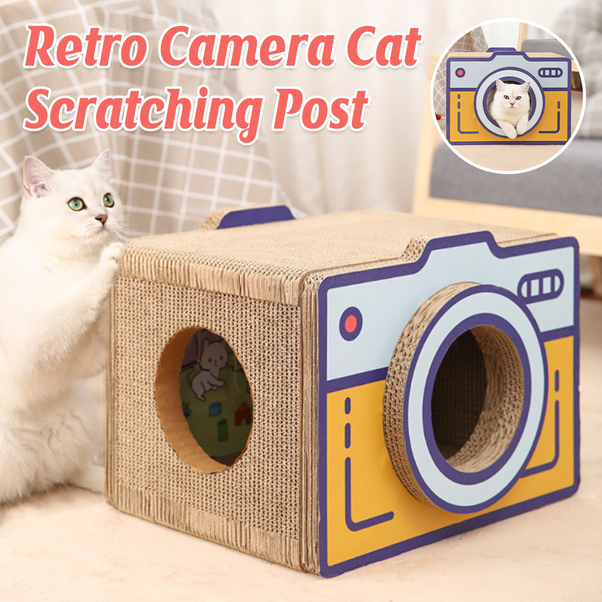 V528-CAT-TOY-CAMERA-L-739937-202509251310-00 Cat Scratcher Bed Retro Camera Design Corrugated Cardboard Cat Nest Pet House - Image 1
