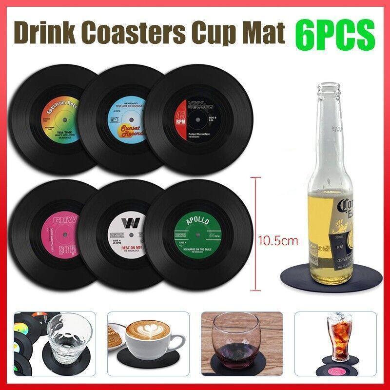 V528-COASTERS-6PCS-89270-202509251045-00 6PCS Retro Vinyl Record Drink Coasters Set - Round ABS Cup Mats for Home or Bar - Image 1