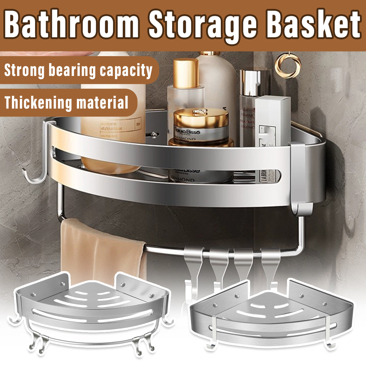 V528-CORNER-RACK-SILVER-ROD-251552-202510011218-00 Wall Mounted Bathroom Shelf Triangle Corner Shower Storage Rack for Toiletries - Single layer with rod - Image 1