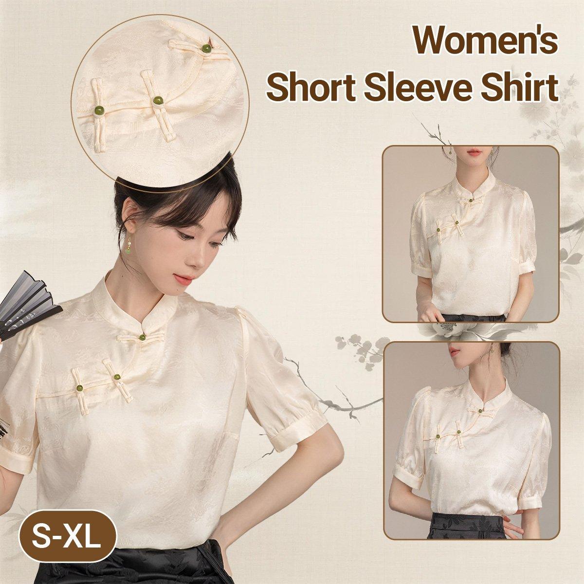 V528-DX-BEIGE-S-946050-202510010027-00 Women Satin Short Sleeve Blouse Chinese Button Top New Fashion Shirt Ladies - S - Image 1