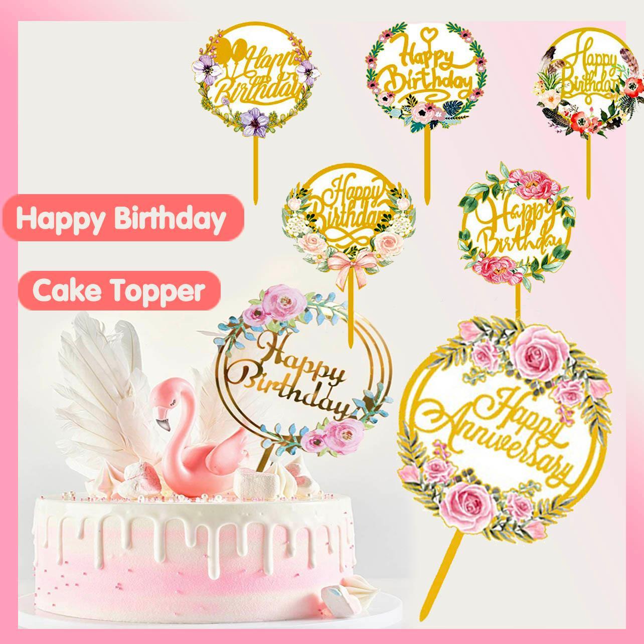 V528-FLOWER-TOPPERNO2-202510010345-00 Happy Birthday Anniversary Wedding Cake Flowers Topper Acrylic Party Decorations - NO.02 - Image 1