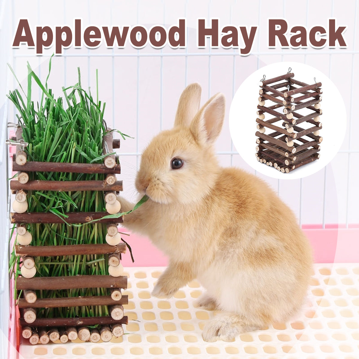 V528-GRASS-RACK-694722-202509291709-00 Rabbit Hay Feeder Rack Apple Wood Grass Holder Natural Food Rack Small Pet - Image 1