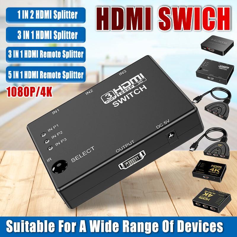 V528-HDMIREMOTESPLITTER-3IN1-796683-202510010800-00 HDMI Switch Splitter 3-in-1 5-in-1 or 1-in-2 1080p 4K Manual or Remote Options - 3 in 1 Switch 4K Remote IR - Image 1