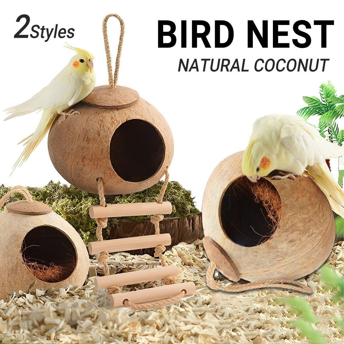 V528-NEST-S-LT-942575-202509302245-00 Natural Coconut Bird Nest Cage Pet Parrot Parakeet Safe Hut Feeder Shell Home - Stairs type - Image 1