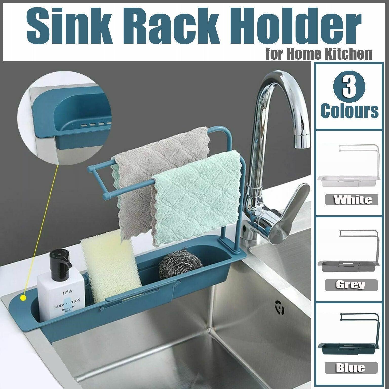 V528-P2COLOUR-WHITE45437-202509301227-00 Telescopic Sink Rack Holder Expandable Storage Drain Basket Home Kitchen Kit - White - Image 1